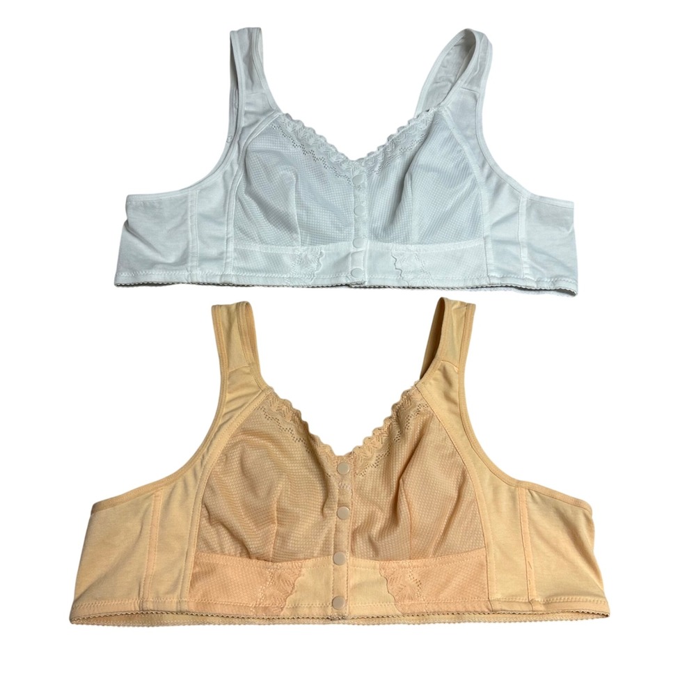 7XL Front Closure Snap Leisure Bras White Peach Lace Trim Plus Size